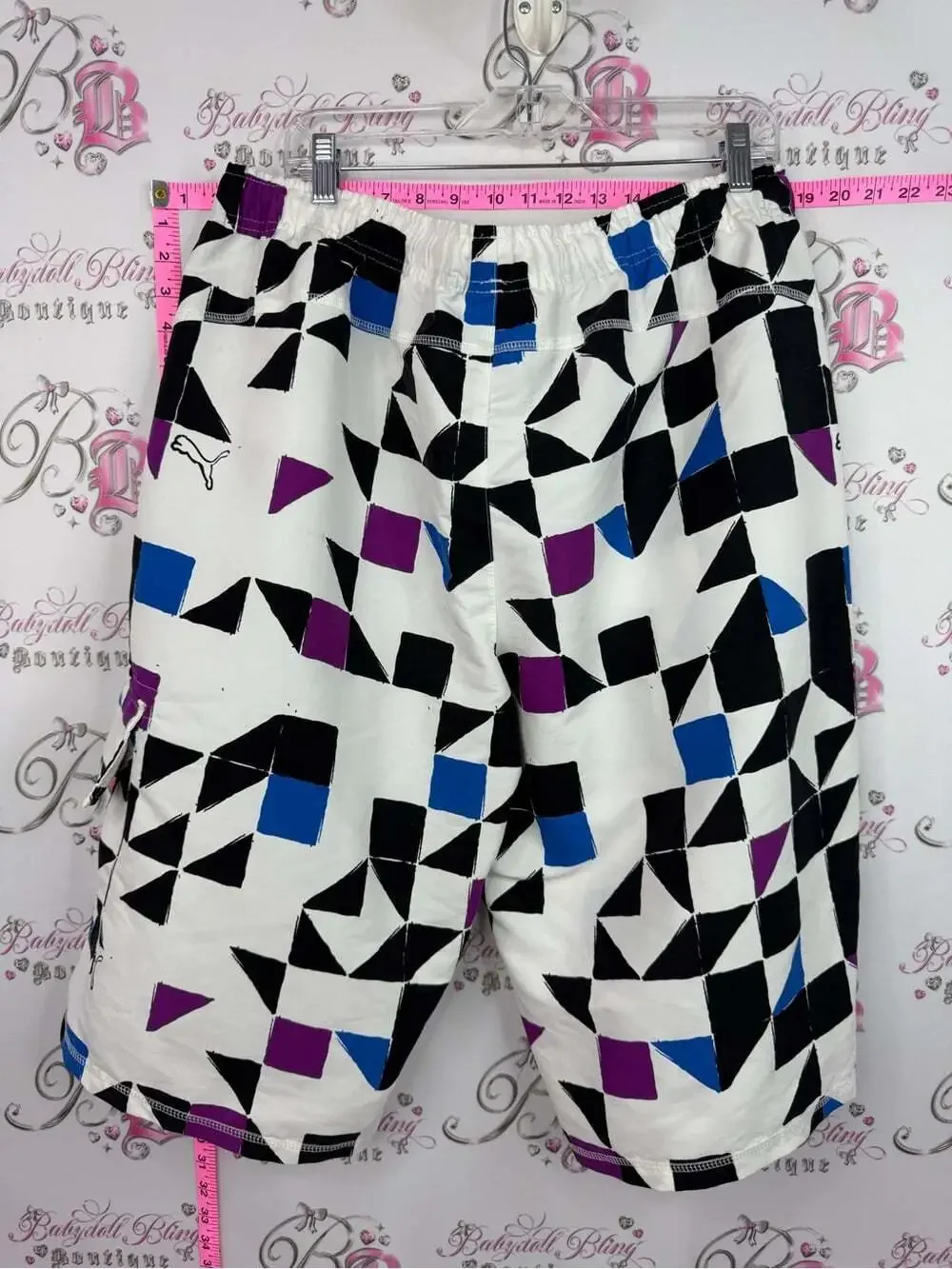 Puma shorts White Swim Board Shorts with Black, Blue, and Purple Geometric Print